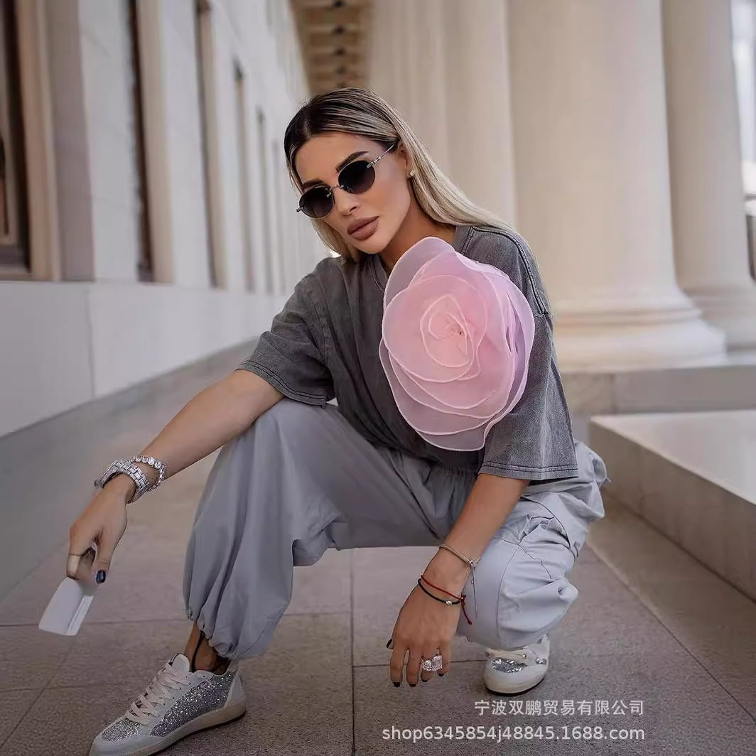 Womens Vintage Style Short Sleeve Cotton T Shirt Washed Wax Dyed Faded Look Streetwear Summer Casual Wear