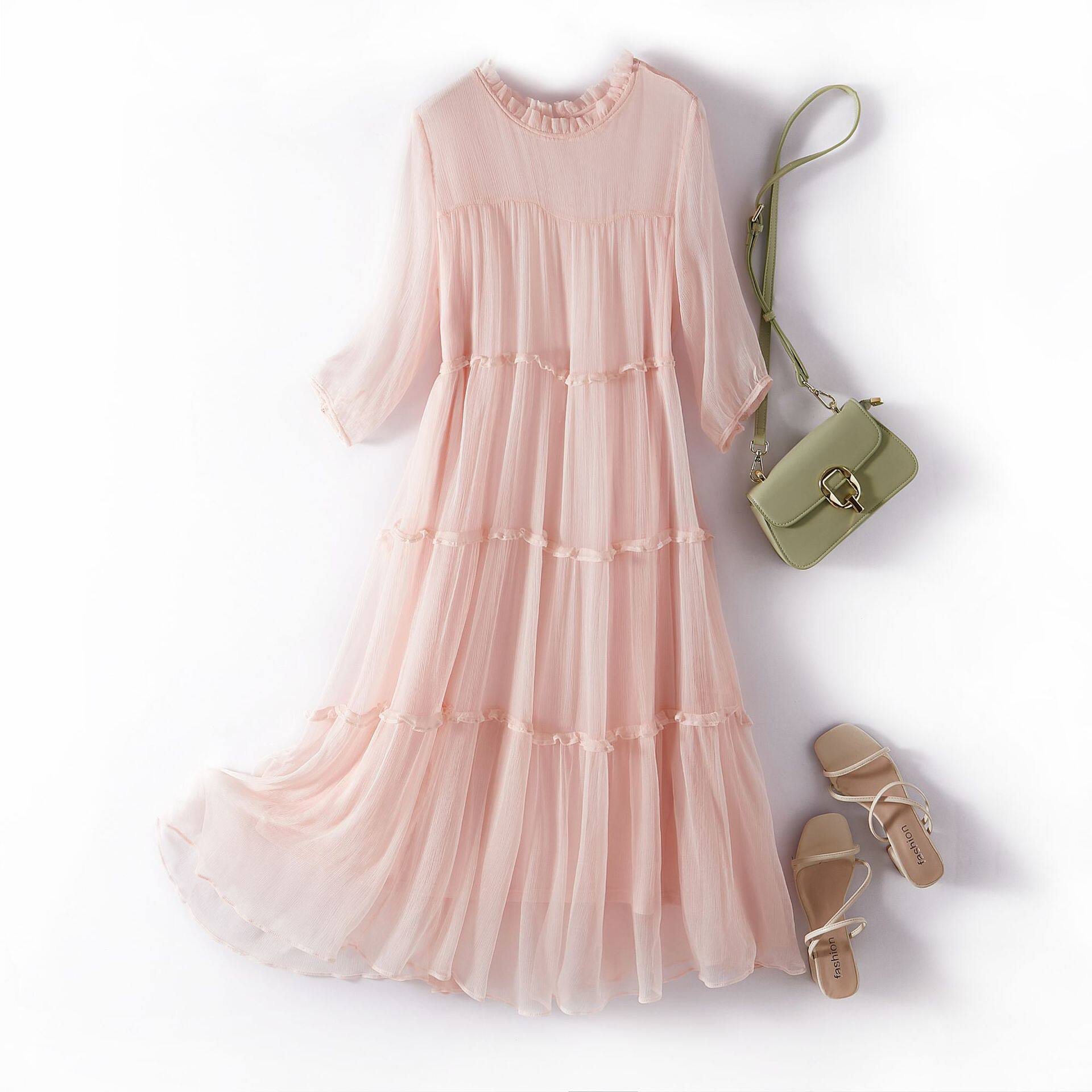 真丝连衣裙夏季新款 中长款飘逸度假纯色短袖100%桑蚕丝裙子11036