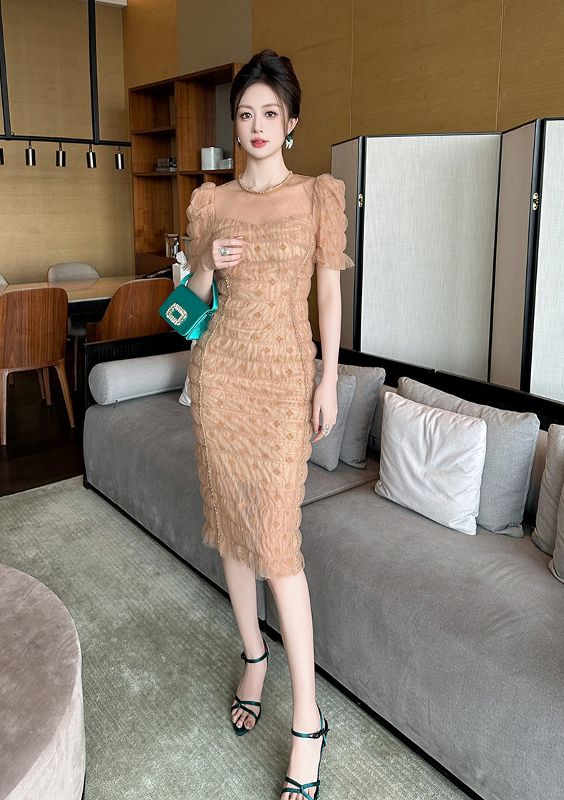 Đầm ôm body nữ tay bồng chất vải tulle xòe nhẹ — [Cam Huyền Ảo] chi tiết 11