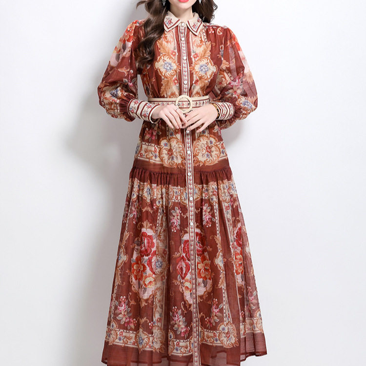 Vintage Floral Print Lantern Sleeve Waist Defined Midi Dress for Women Elegant Slim Fit Classic Style Perfect for