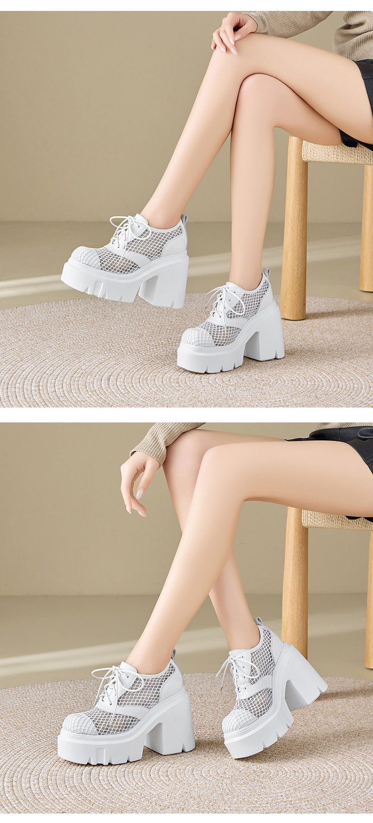 Giày cao gót nữ đế xuồng platform dây buộc hở mũi, gót 12 cm, phong cách thể thao — [Đen], [Trắng] chi tiết 3