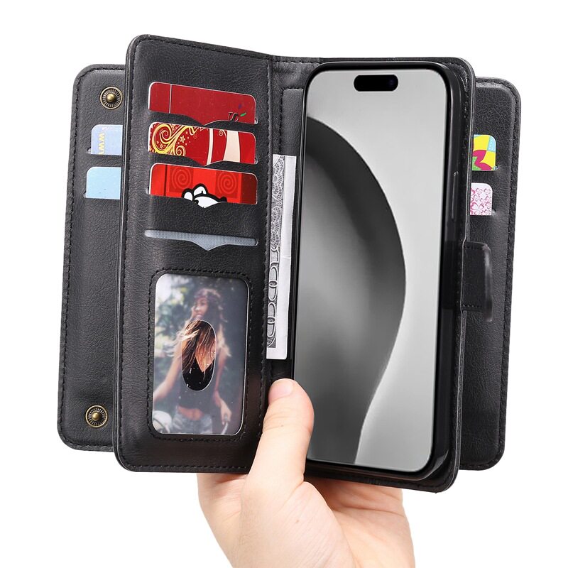 Suitable for iPhone 17 Multifunctional 10-Card Wallet-Style Phone Case, Apple 16 Card-Insertable S25 Google Protective Case