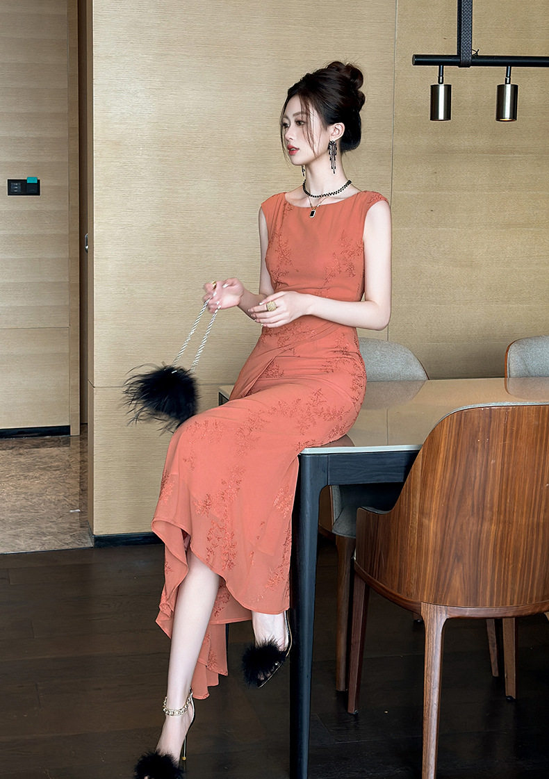 Đầm suông nữ midi cổ tròn không tay phong cách Pháp — [Màu cam] chi tiết 6