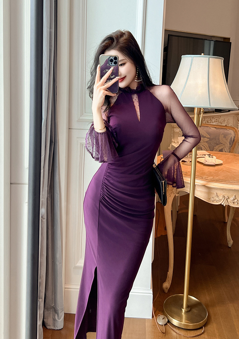 Đầm ôm body nữ tay dài cổ đứng xẻ tà phong cách Pháp — Màu tím mâm xôi