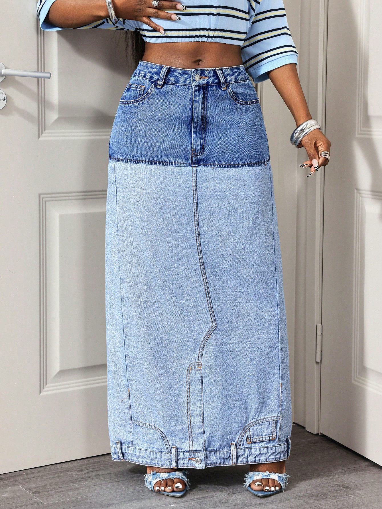 Color Block Denim Midi Skirt Casual Style High Slit Design Versatile for Everyday Wear Wholesale Available