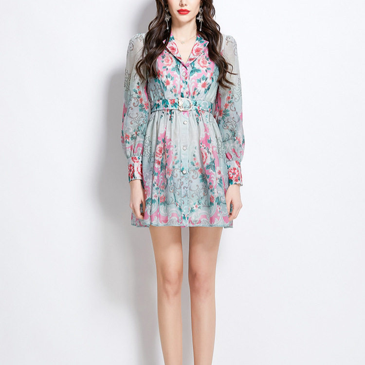 Vintage French Style Long Sleeve A Line Dress for Women Elegant Floral Print Waist Defining Single Breasted Perfect