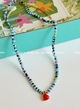民族通勤减龄度假风蓝色串珠爱心项链新中式复古百搭文艺骨链