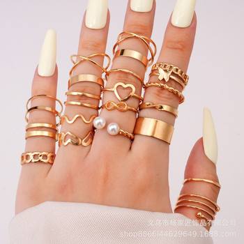 Cross-Border Hot-Selling New Hand Jewelry Fashion Heart Chain Cross Hollow Pearl Opening 22-Piece Set Ring Batch