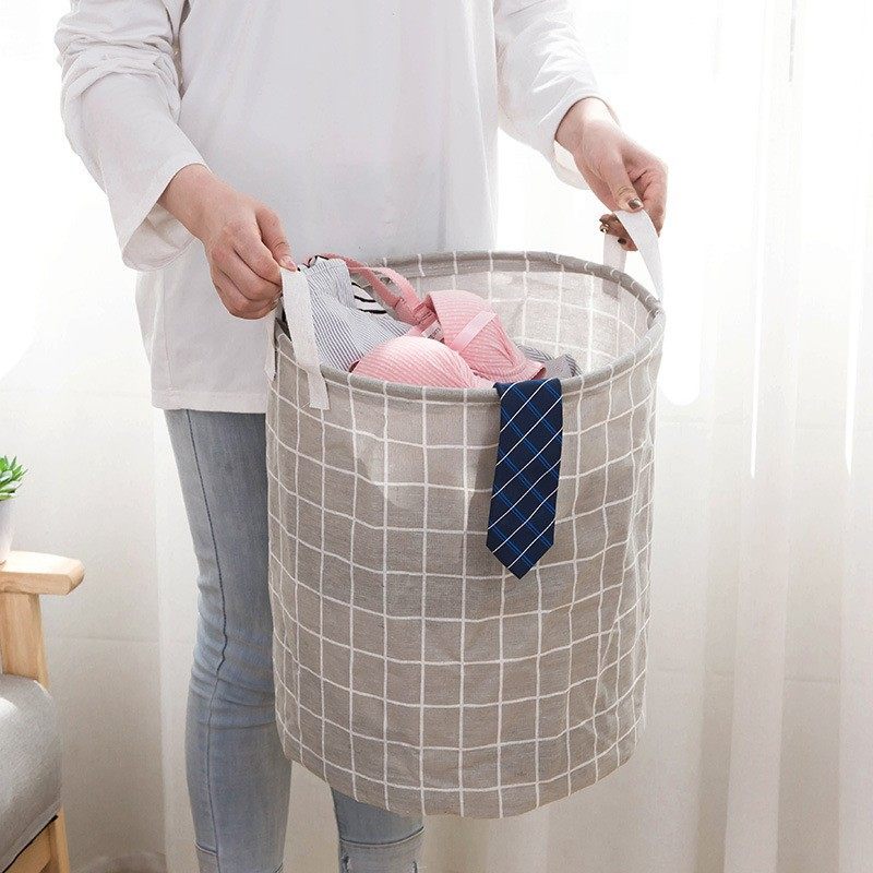 Household Fabric Laundry Basket Storage Bin Round Cotton and Linen Dirty Clothes Basket Toy Miscellaneous Items Grid Storage Foldable Laundry
