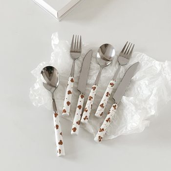 Registered copyright ins style Japanese and Korean cartoon bear love stainless steel knife and fork spoon ceramic handle steak knife and fork