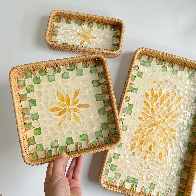 Vietnam rattan shell tray fruit plate rectangular tray household living room dining room light luxury storage basket storage tray
