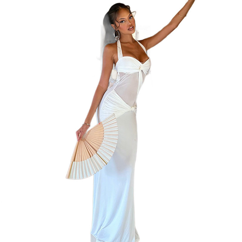 Backless White Maxi Dress Halter Neck Bodycon Fit Summer Fashion Elegant Evening Gown Wholesale Available