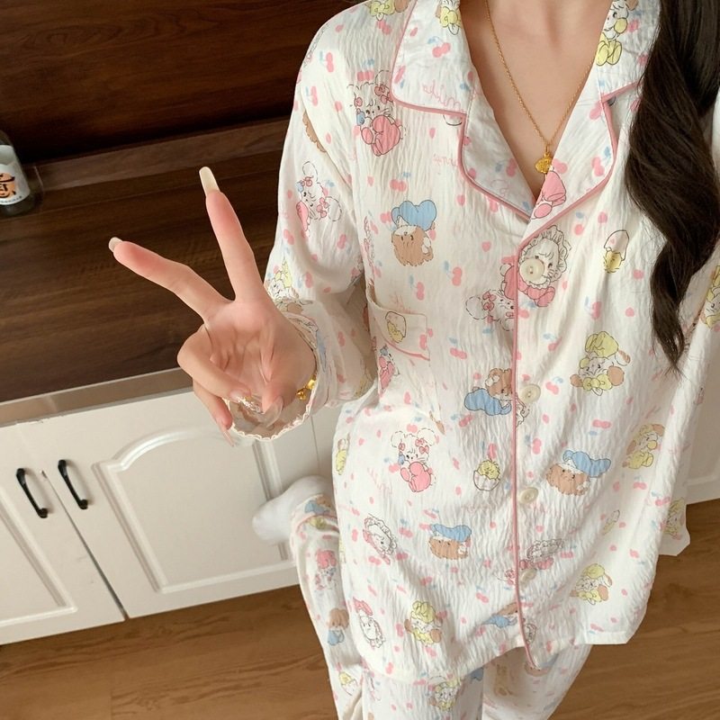 带胸垫大码睡衣女春秋季长袖甜美少女草莓条纹家居服套装现货跨境