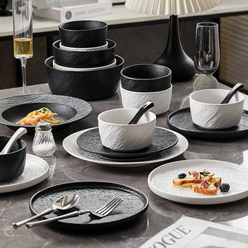 Jingdezhen Tableware Ceramic Bowl Household Plate High-Value Black and White Slate Stone Pattern Soup Noodle Bowl Ceramic Dinner Plate Optional