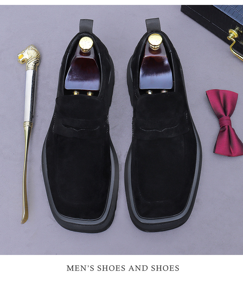 Giày loafer nam da bò lộn đế dày mũi vuông phong cách công sở — đen, màu nâu mocha