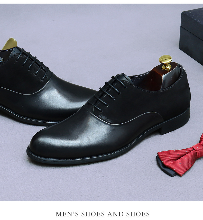 Giày Oxford nam da bò phối da lộn, mũi tròn, buộc dây, phong cách công sở — Màu đen, Màu đỏ rượu