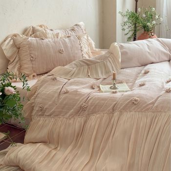 Weizhongmei~ French Princess Korean Style Fresh Autumn and Winter Warm Thickened All-Cotton Brushed Floral Four-Piece Bedding Set