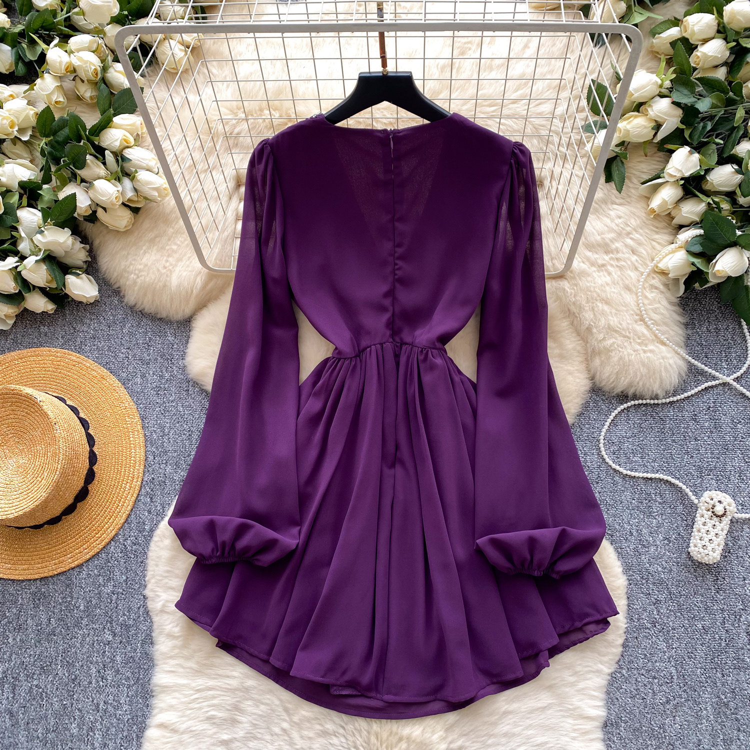 Korean Style Beaded Sexy Dress Purple V Neck Slim Fit Long Length Summer Casual Wear Wholesale Available