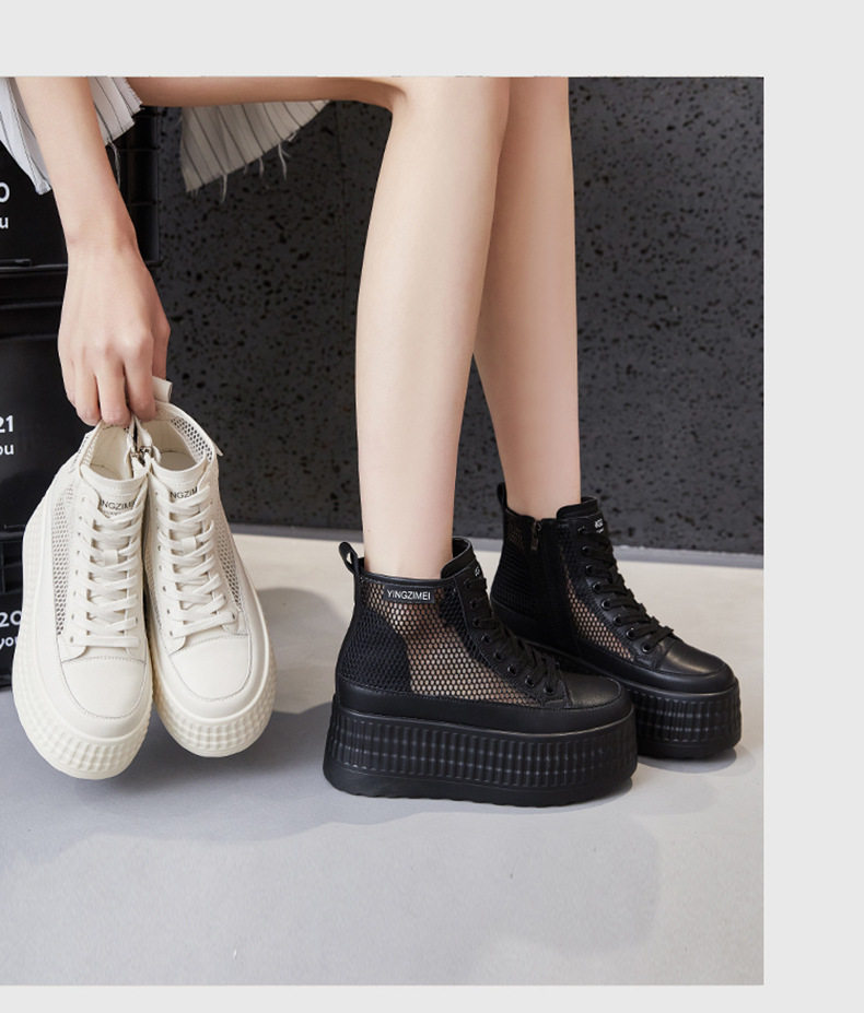 Giày sneaker nữ chunky đế dày trắng lưới thoáng mùa hè — Len tinh khiết, Đen chi tiết 12