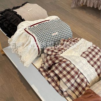 French Vintage Cotton Yarn-dyed Double-layer Yarn Four-piece Simple Plaid Lotus Lace Washed Crepe Quilt Cover