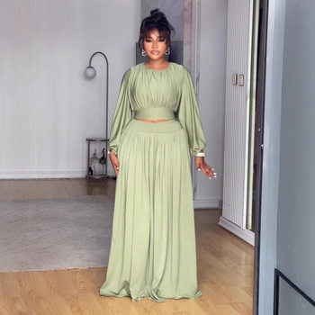 European and American Amazon Cross-Border Export 2025 Autum New Round Neck Long-Sleeved Top Elastic Waist Large Hem Skirt Suit