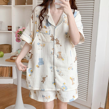 Short-sleeved Pregnant Women's Lactation Pajamas Summer Thin Postpartum Two-piece Suit Pure Cotton Gauze Moon Clothing Summer Pregnancy