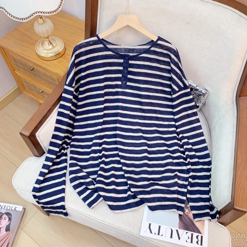 Áo thun nữ cổ Henley sọc dài tay phối màu phong cách rộng rãi — Xanh biển đảo