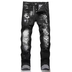 European and American 2025 Punk Men's Skinny Jeans Black Ripped Patch Paint Slim Mid-Waist Pants D4069
