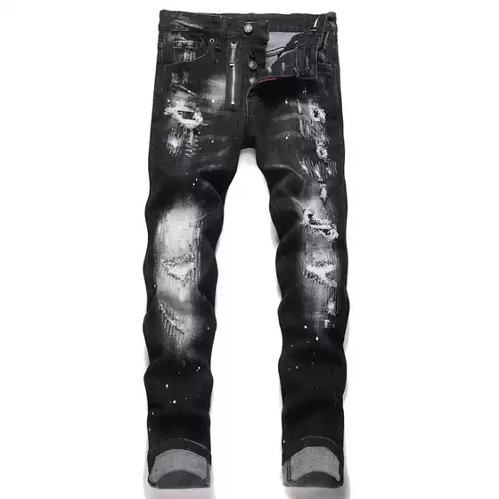 European and American 2025 Punk Men's Skinny Jeans Black Ripped Patch Paint Slim Mid-Waist Pants D4069