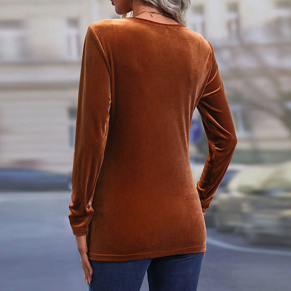 Long Sleeve Velvet T Shirt Irregular Split Hem Elegant Sexy Autumn Winter Womens Fashion Wholesale Available
