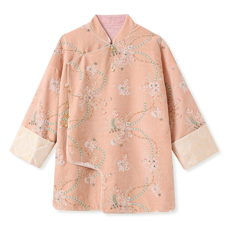 Áo khoác nữ dáng thường thêu hoa đính sequin chất liệu satin — màu hồng