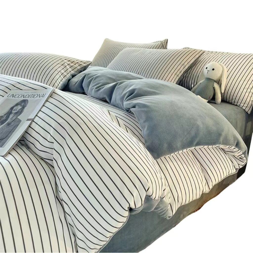 Autumn and Winter cotton plus velvet milk velvet four-piece set simple style A version washed cotton + B version thickened flannel bed sheet quilt cover