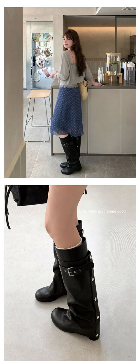 Boot nữ cổ cao gót thô 5.5cm, ống rời tháo được hai kiểu, khóa thắt lưng, mũi vuông — màu đen, Màu nâu đậm