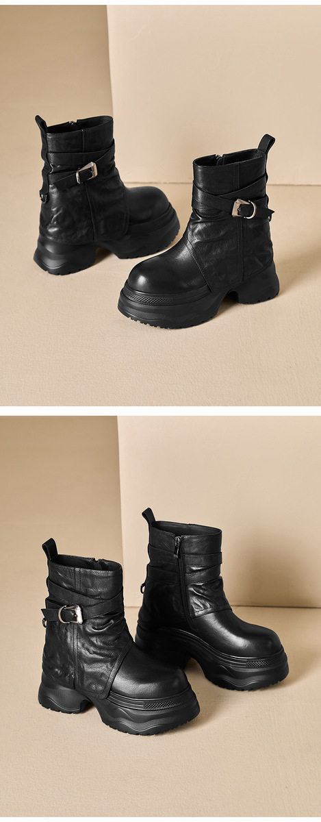 Boot nữ cổ thấp tăng chiều cao 12cm đế dày khóa kéo bên hông — Kaki lót đơn, Lớp lót đơn màu đen, Lớp lót đơn màu nâu, Lót nhung đen