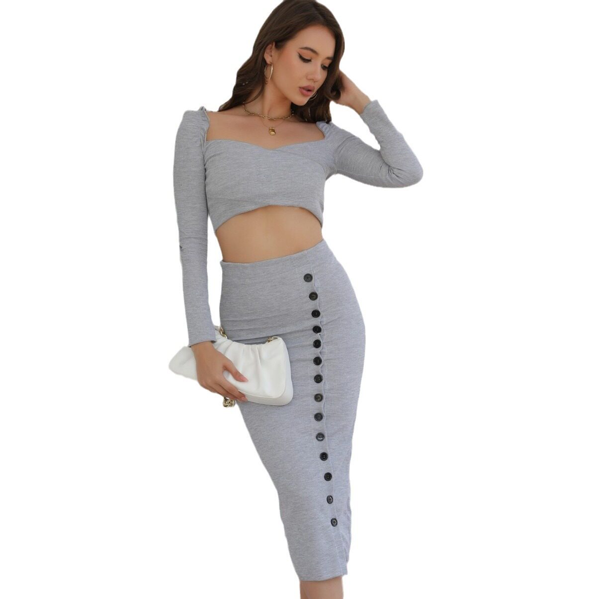 Knitted Crop Top and Bodycon Skirt Set Long Sleeve Cropped Split Hem Autumn Winter Fashion Wholesale Available