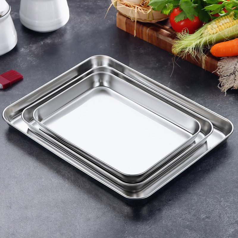 Stainless steel square plate wholesale rectangular flat-bottomed barbecue tray restaurant spare dish rice rolls steaming plate wholesale