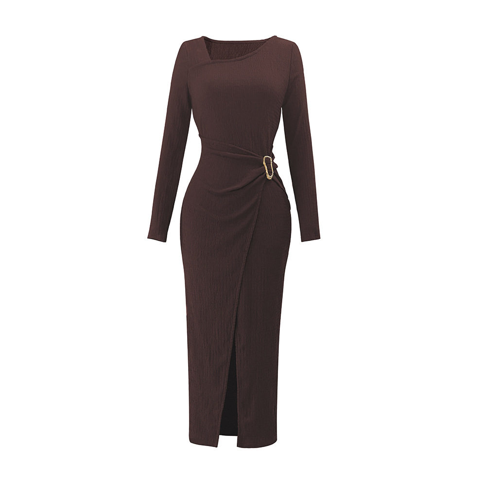 Slim Fit Knitted Dress for Women Deep Brown Color Asymmetrical Neckline Metal Ring Detail Side Slit Long Sleeve