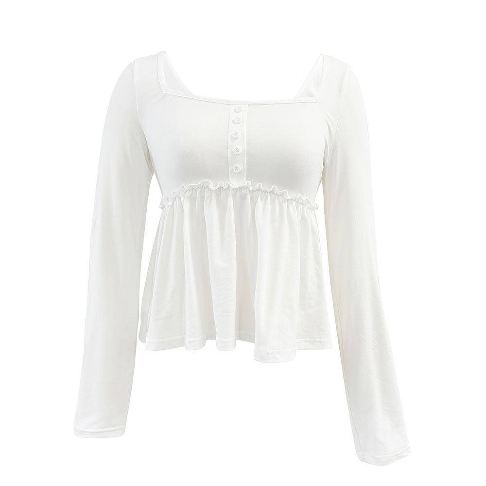 Elegant Womens Long Sleeve T Shirt Square Neck Waist Cinching Versatile Design Spring Summer Casual Wear Wholesale