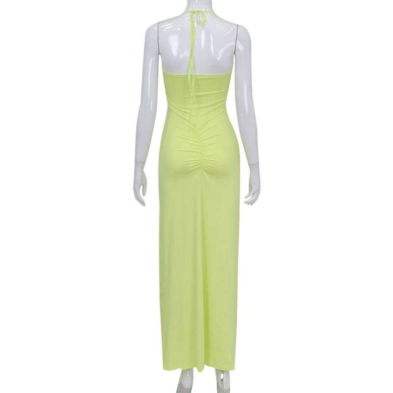 Womens Halter Neck Dress Slim Fit Ruffle Trim Pleated Side Slit Elegant Long Dress for Parties and Events