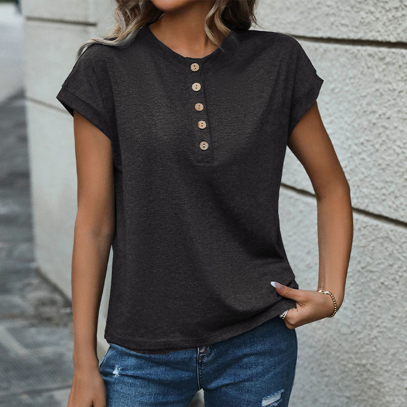 Casual Short Sleeve T Shirt for Women Round Neck Button Front Solid Color Versatile Everyday Wear Wholesale