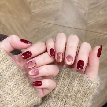 [Red Polka Dot] Burgundy Platinum Cat Eye Short New Year Handmade Wearable Nails French Manicure