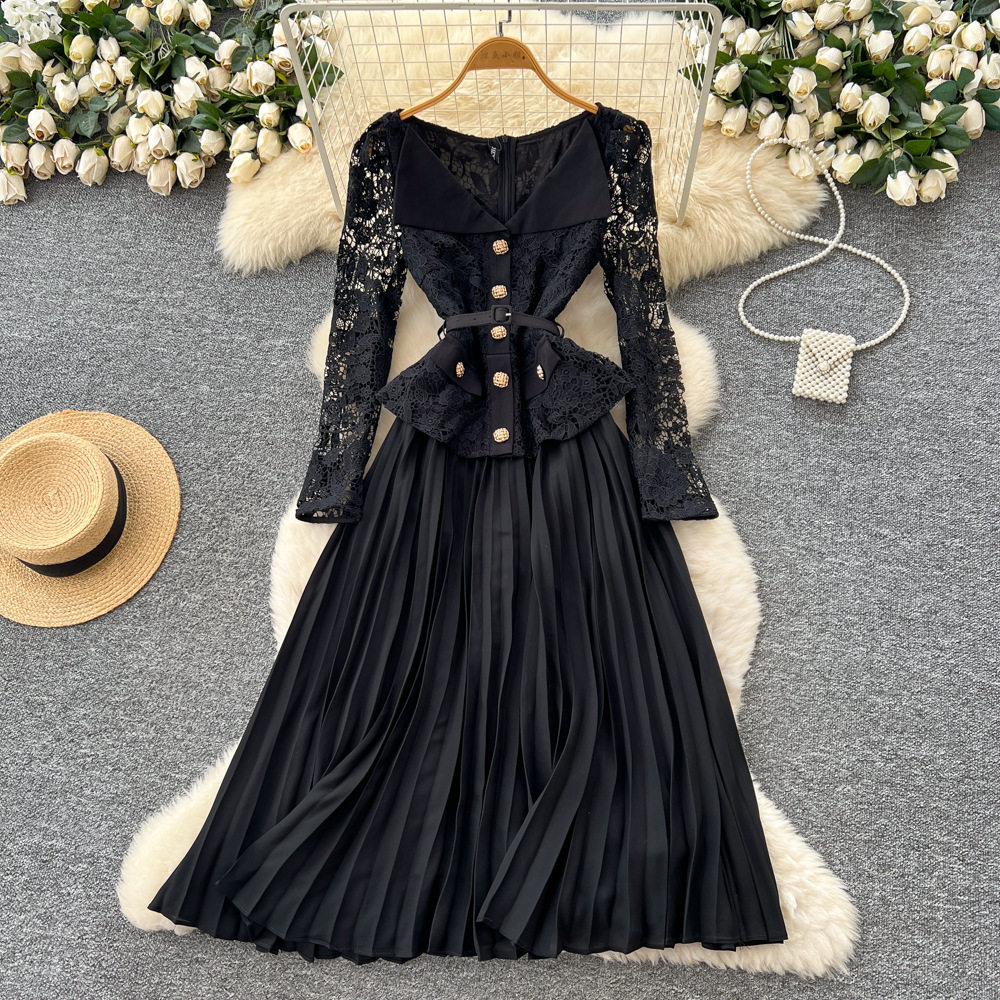 French Style Elegant Lapel Lace Panel Dress with Metal Buttons Waist Defined Pleated Design Autumn Fashion for Women