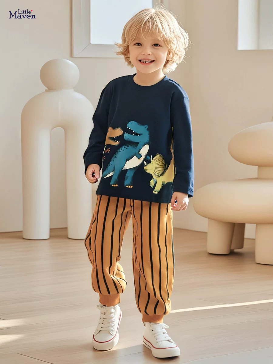 Pabrik sumber pakaian anak, set anak laki-laki musim gugur, set anak bergaris kartun