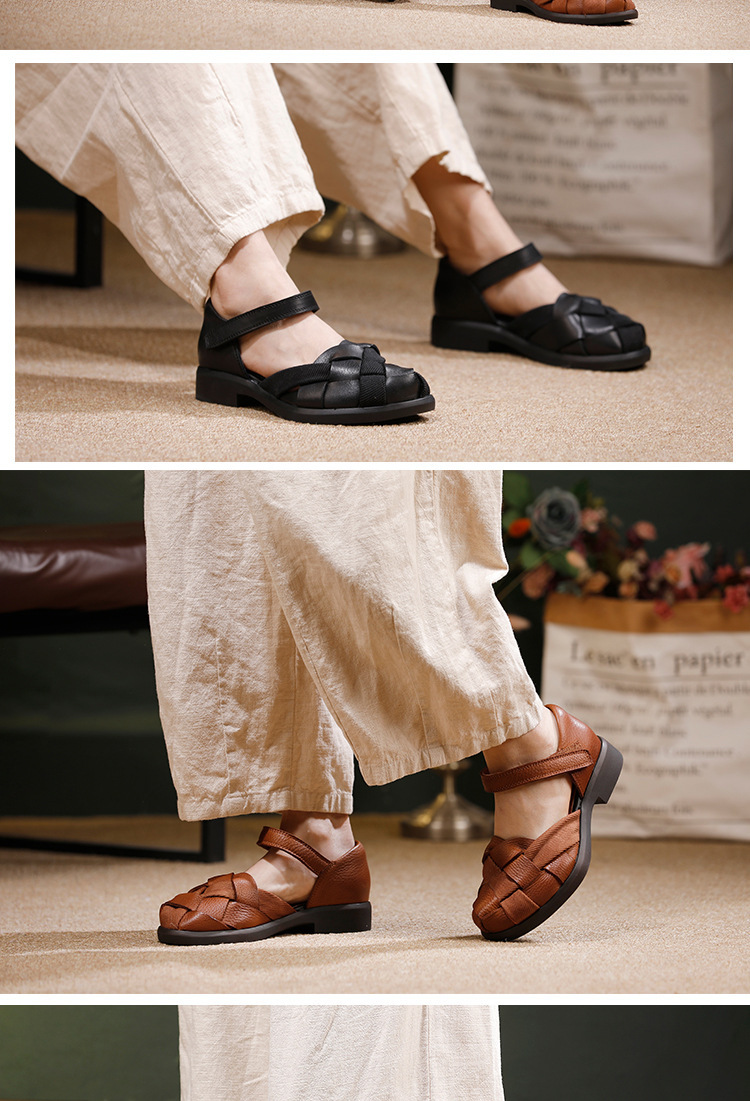 Sandal nữ quai ngang bít mũi đan dây đế mềm da bò — màu đen, Màu nâu