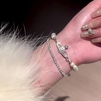 Titanium Steel Non-Fading Saturn Pearl Necklace Bracelet Set Western Queen Clavicle Chain Simple Sparkling Diamond Light Luxury Trendy Women's Bright