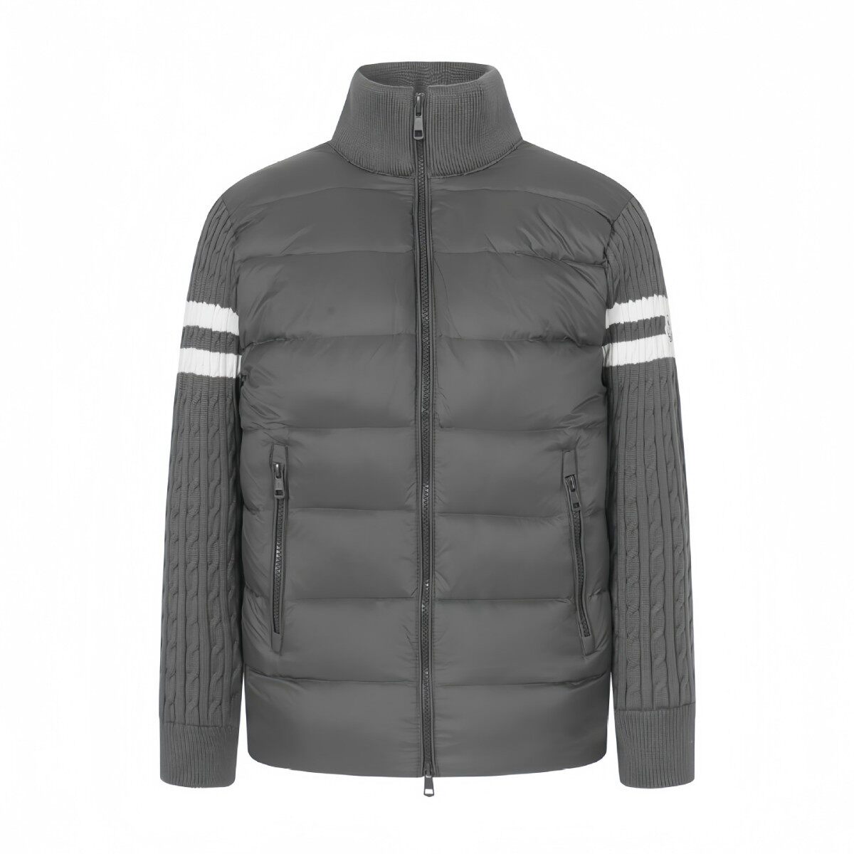 Padded Corduroy down Jacket with Knitted Sleeves for Men and Women, Stand Collar, Zipper, Striped Wool Splicing Jacket