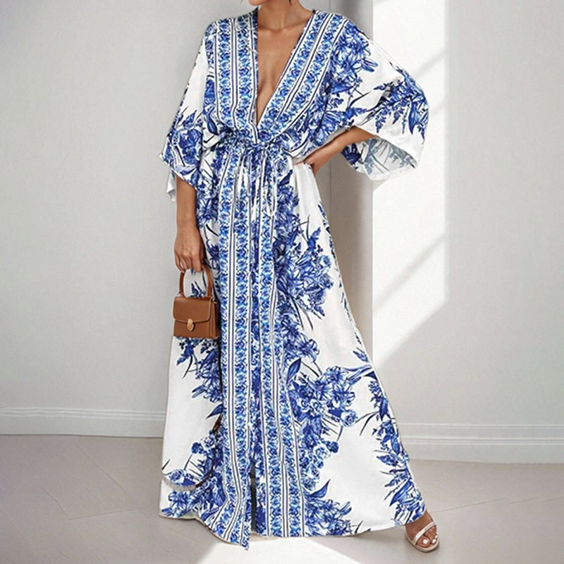 Elegant Floral V Neck Tie Waist Long Dress Spring Collection Womens Fashion Comfortable Fit Wholesale Available