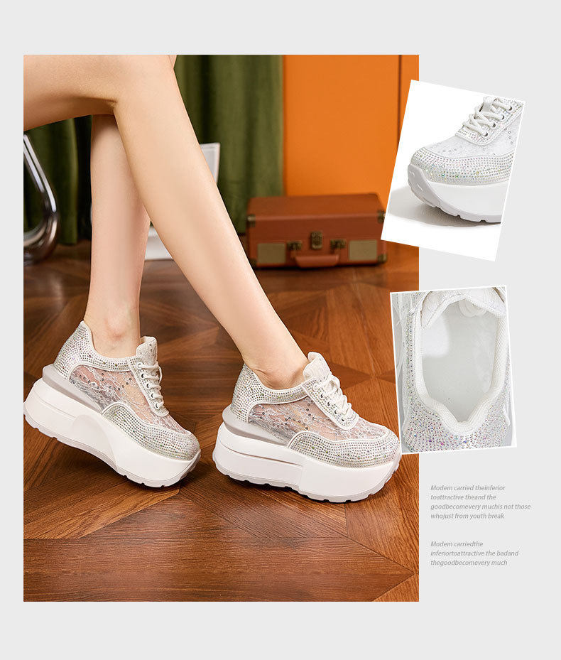Sandal cao gót nữ đế dày rhinestones lưới hở mũi, gót siêu cao 8cm, form tròn — Trắng, Hồng, Đen chi tiết 3
