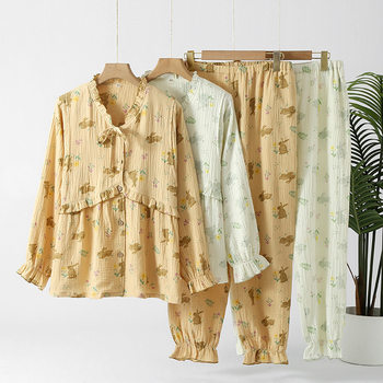 Pure Cotton New Double-layer Yarn Moon Suit Spring Autumn Summer Thin Pregnancy Postpartum Nursing Women's Nursing Pajamas Set