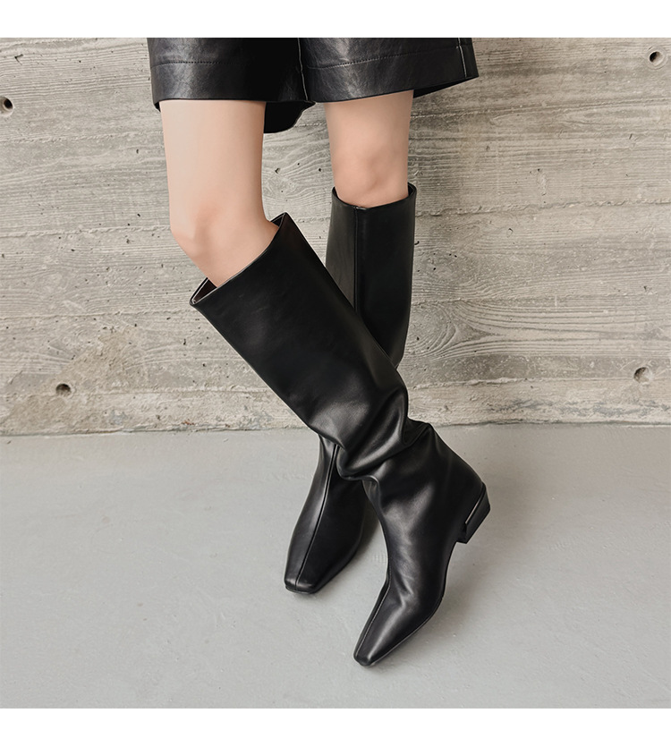 Boot cao cổ nữ da bò mũi vuông gót thấp phong cách thanh lịch — màu đen, Màu đỏ rượu